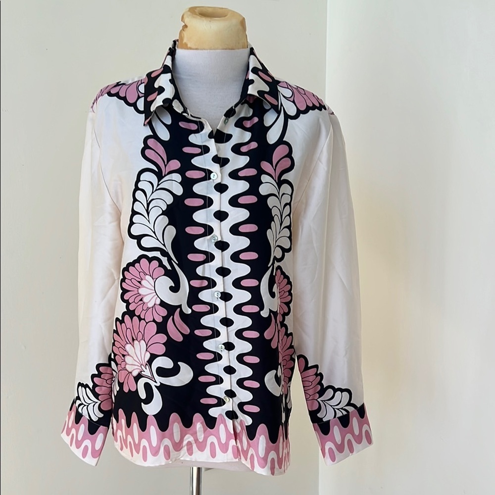 New! Zara small ecru pink printed silky printed long sleeve top. As Is.